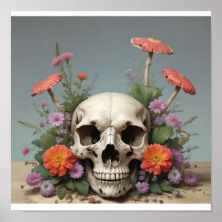 Poster ao quadrado - Caveira com cogumelo e flores
