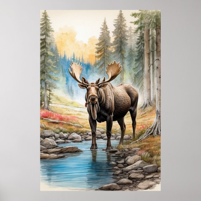 Poster *~* AP49 MOOSE Rocks Stream Forest Nature (Frente)