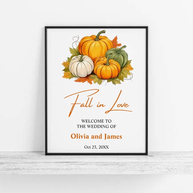 Poster Apaixonado Casamento de Abóbora Russo de outono Be (Fall in Love Autumn Rustic Burnt Ornage Pumpkin Wedding Welcome Sign  )