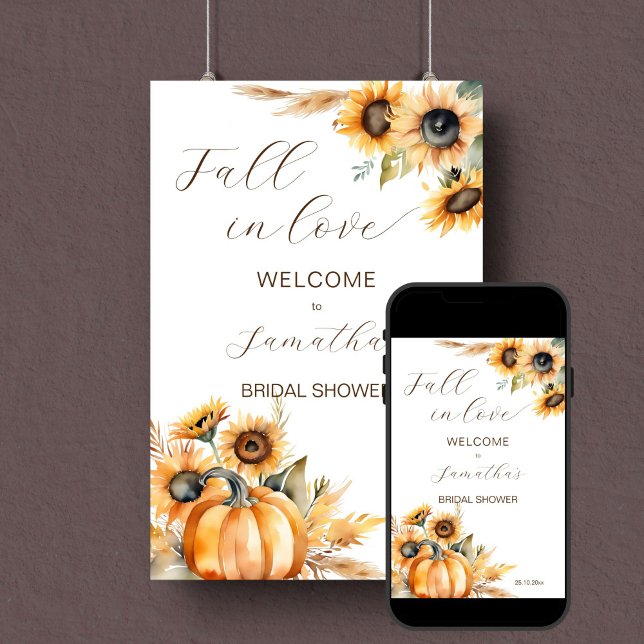 Poster Apaixonado pelo boho abóbora girassol sinal de boa (Fall in love boho sunflowers pumpkin bridal shower welcome sign)