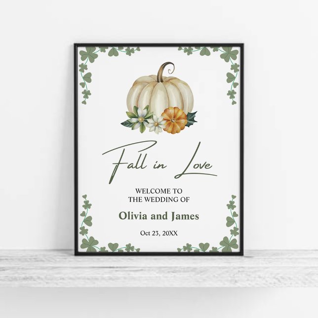 Poster Apaixonado Pumpkin Sage Casamento Verde Boas-vinda (Fall in Love Pumpkin Greenery Sage Green Wedding Welcome Sign   )