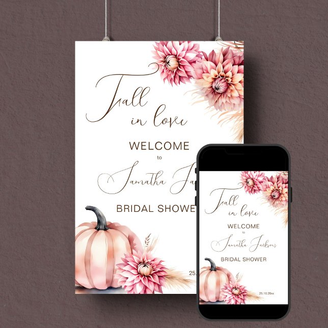 Poster Apaixonar boho chá de panela sinal de boas-vindas (Fall in love bridal shower welcome sign poster digital download earthy dusty pink pumpkin & dahlias)