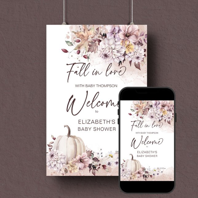 Poster Apaixonar o chá de fraldas boho pastel sinal de bo (Fall in love boho pumpkin dahlia baby shower editable template welcome sign instant digital download)