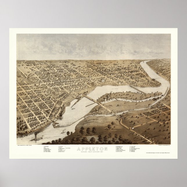 Poster Appleton, Mapa Panorâmico da WI - 1867 (Frente)