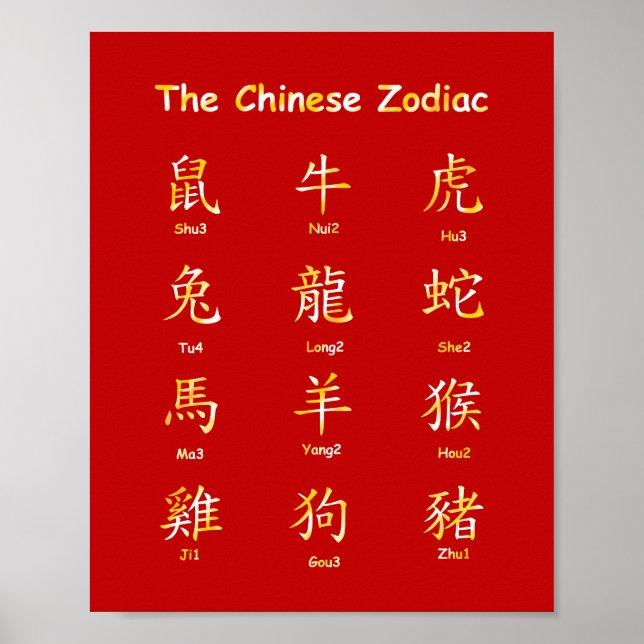 Poster Aprenda a ler animais bodiques chineses com pino Y (Frente)