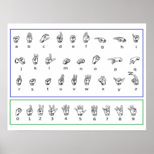 Poster Aprenda Língua de Sinais Americana, Números e Alfa