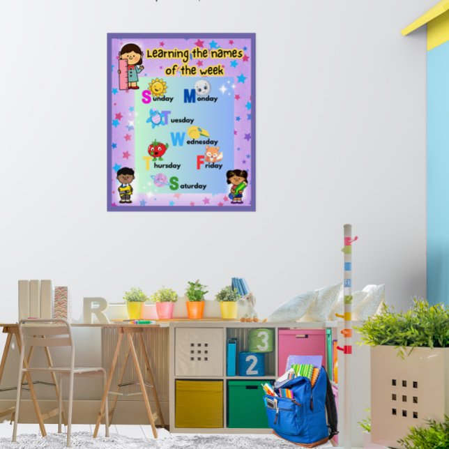 Poster Aprendendo os Dias da Semana Coloridos (Image does not depict actual size.)