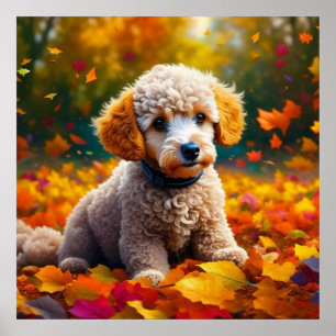 Poster Apricot Poodle Puppy em Folhas de Queda
