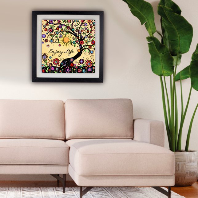 Poster "Aproveite a vida" Entrevista Inspiracional (Whimsical Fun Colorful Tree Enjoy Life Poster by Inspirivity)