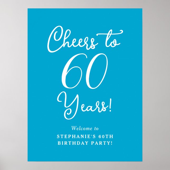 Poster Aqua Blue Cheers to 60 Anos Aniversário Sinal de B (Frente)