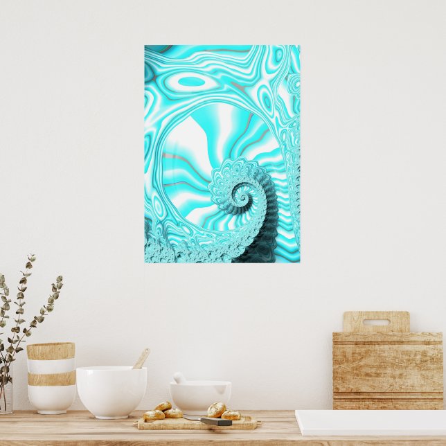 Poster Aqua Blue Nautilus Shell Fractal Abstrato (Cozinha)