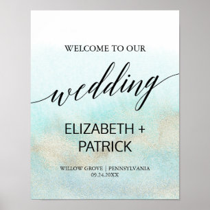 Poster Aqua e Dourada Watercolor Beach Wedding Bem-vindo