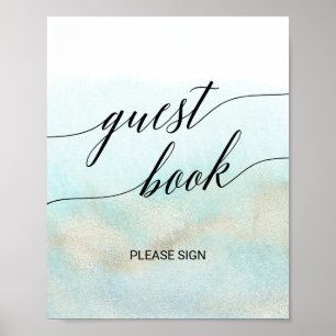 Poster Aqua e Dourado Watercolor Beach Guest Book Sign