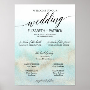 Poster Aqua & Gold Watercolor Beach Small Wedding Program