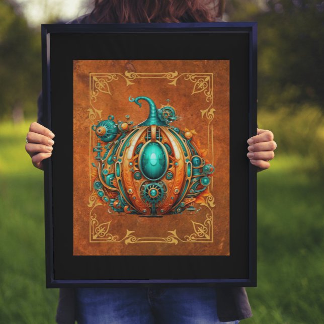Poster Aqua & Orange Steampunk Pumpkin Arte Digital (As shown: 16x20 print with black mat & frame)