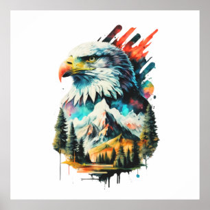 Poster Aquarela Águia e Paisagem Montanha