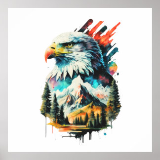Poster Aquarela Águia e Paisagem Montanha