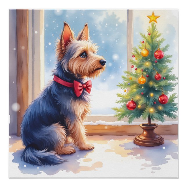 Pôster Aquarela Australian Terrier Mesa de Natal (Frente)