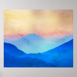 Poster Aquarela azul das montanhas