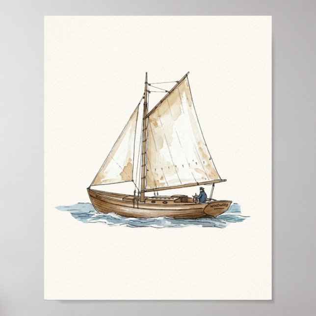 Poster Aquarela Barco Náutico Vintage (Frente)