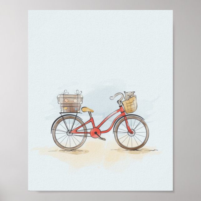 Poster Aquarela Bicicleta Vermelha e Gato (Frente)