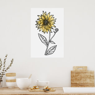 Poster Aquarela botânica estética arte linha girassol