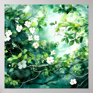 Poster Aquarela Botânica Flores Brancas Folhas Verdes