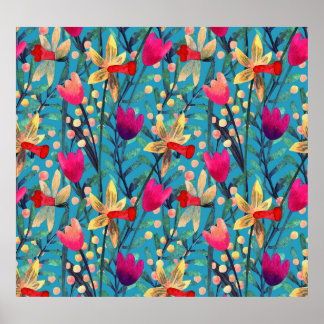 Poster Aquarela Brilhante: Design Floral Sem Costura.