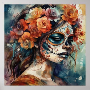 Poster Aquarela Catrina Dia de los Muertos Crânio de Açúc