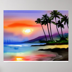 Poster Aquarela Cênica de Praia Tropical