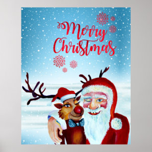 Poster Aquarela Cláusula Santa Mágica Sorrindo Rudolph