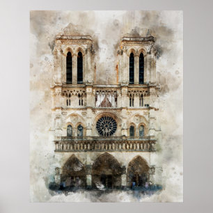 Poster Aquarela da Fachada Histórica da Catedral de Notre