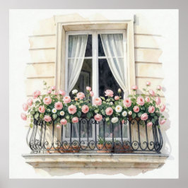 Poster Aquarela da Varanda de Rosas de Paris