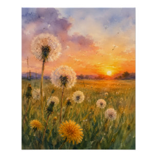 Pôster Aquarela Dandelions no pôr do sol Meadow Paisagem