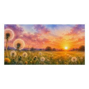Pôster Aquarela Dandelions no pôr do sol Meadow Paisagem