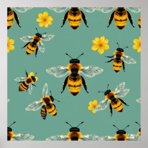 Poster Aquarela de Abelha Bumble Bee Realista com Mel
