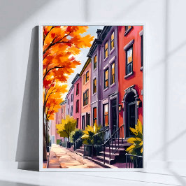 Poster Aquarela de Boston Brownstones Massachusetts