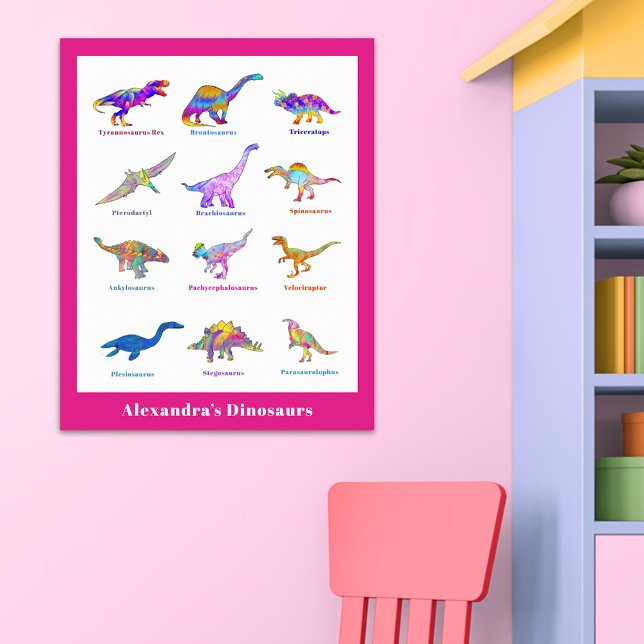 Poster Aquarela de dinossauro lindo com nomes rosa (Colorful dinosaurs with names bright pink girls custom dino poster)