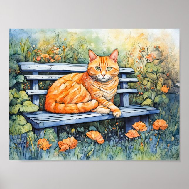 Poster Aquarela de Gato no Bench no Jardim Flor (Frente)