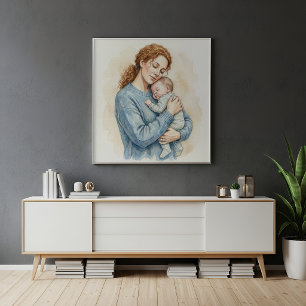 Poster Aquarela de Mãe Segurando Bebê Adormecido