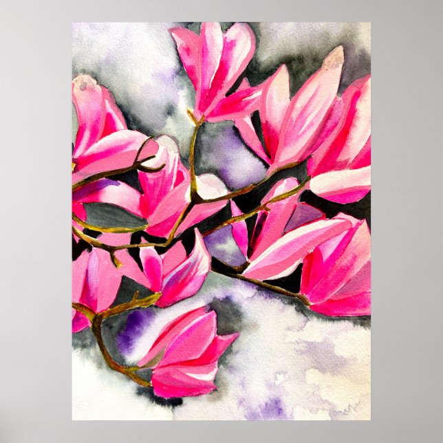 Poster Aquarela de magnólia rosa (Frente)