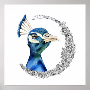 Poster Aquarela de Peacock com Brilho de Prata Faux