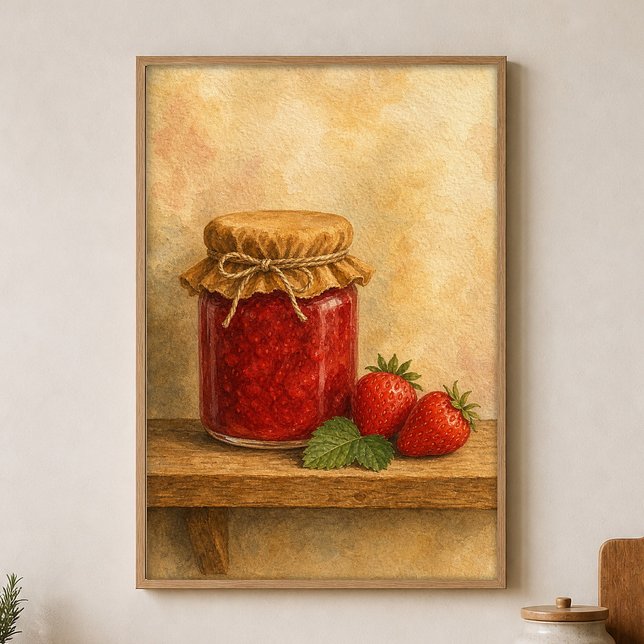 Pôster Aquarela de Pote de Geleia de Morango Cotta (Shown framed for scale. Poster ships unframed; frames are an optional add-on.)