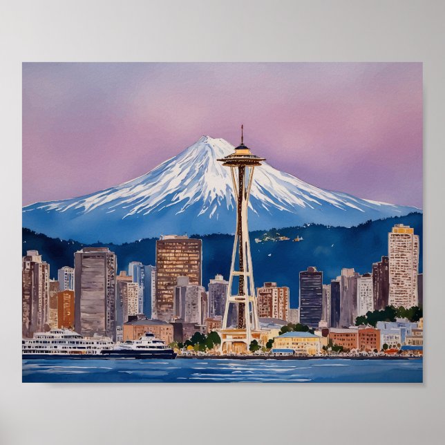 Poster Aquarela de Seattle Washington (Frente)