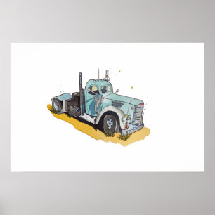Poster Aquarela de um caminhão semi-reboque estilizado