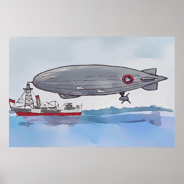 Poster Aquarela de um dirigível amarrado a um barco (Frente)