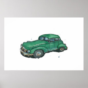 Poster Aquarela de um sedã antigo verde enferrujado