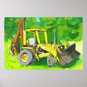 Poster Aquarela de um trator amarelo com retroescavadeira