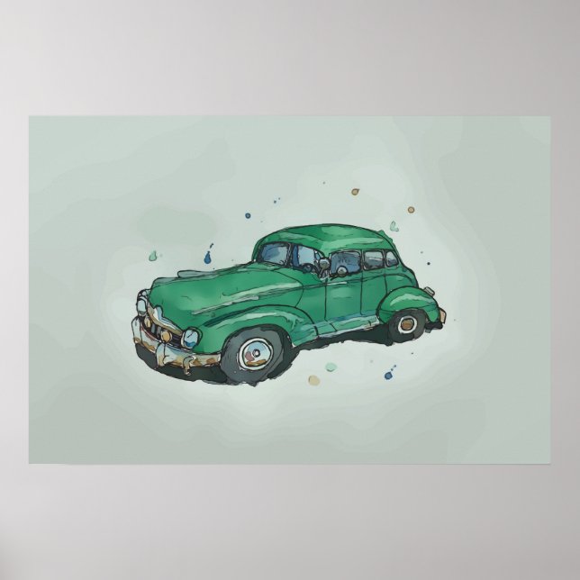 Poster Aquarela de um velho e enferrujado sedan verde (Frente)