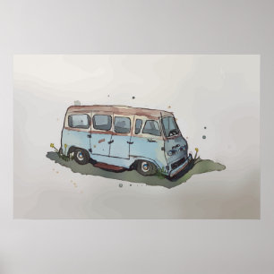 Poster Aquarela de uma velha carrinha antiga enferrujada